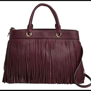 MILLY Top Handle Bag Fringe Convertible Wine/Bordeaux Leather Tote